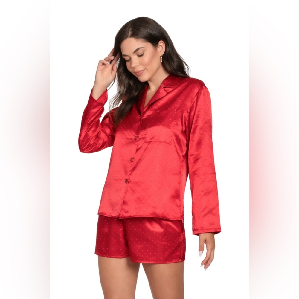 Lilac & London Red & Gold Dot Satin Pajama Set sz Large NWT $35
